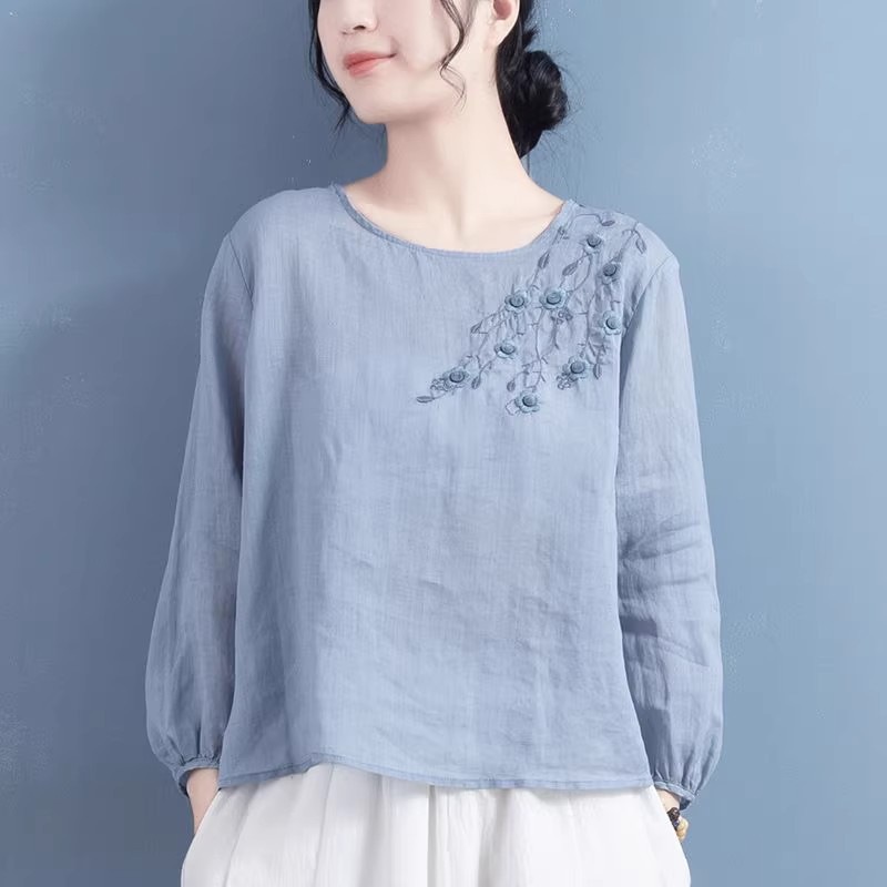A Retro, Artistic Women's Shirt With A Round Collar And Long Sleeves, Embroidered With Ramie Fabric Patterns; Perfect Fo_ecoleips.com