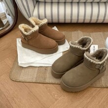 河南桑坡雪地靴新款女士羊皮毛一体厚底加厚毛线V口短靴棉鞋