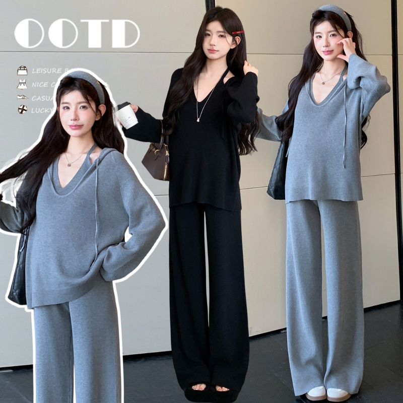 Maternity wear for autumn and winter, casual style, hooded knitted top, halter neck strap, adjustable wide-leg pants, three-piece fashion set Maternity wear for autumn and winter, casual style, hooded knitted top, halter neck strap, adjustable wide-leg pants, three-piece fashion set