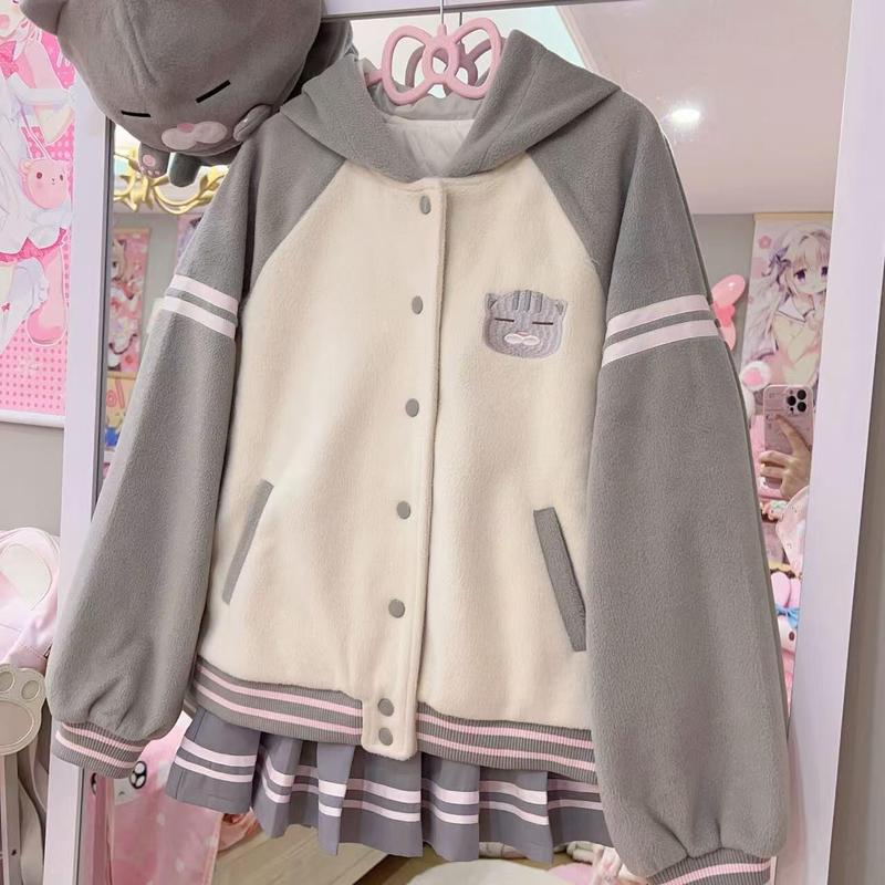 日系丧猫可爱软糯拼色毛呢棒球服女秋冬宽松休闲百搭夹克上衣外套|undefined