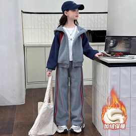 女童2025秋冬季新款韩版洋气休闲洋气连帽卫衣中大童加绒两件套