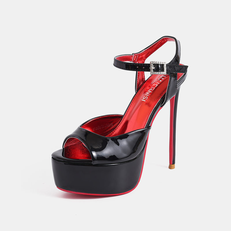 Dép sandal cao gót 14 cm hở mũi quai ngang khóa cài cỡ lớn — Màu be, màu đen