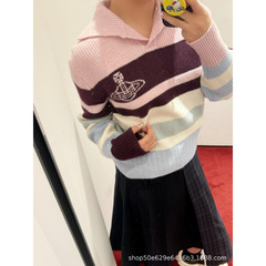 南油女装秋冬新款土星翻领长袖彩虹条纹毛衣清纯减龄卷边针织衫
