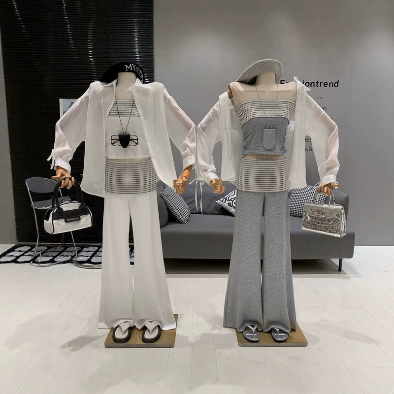 Sexy and Pure Desire Style Comfortable Striped Knit Cardigan, Tube Top, and Three-Piece Casual Striped Long Pants Set for Women Sexy and Pure Desire Style Comfortable Striped Knit Cardigan, Tube Top, and Three-Piece Casual Striped Long Pants Set for Women