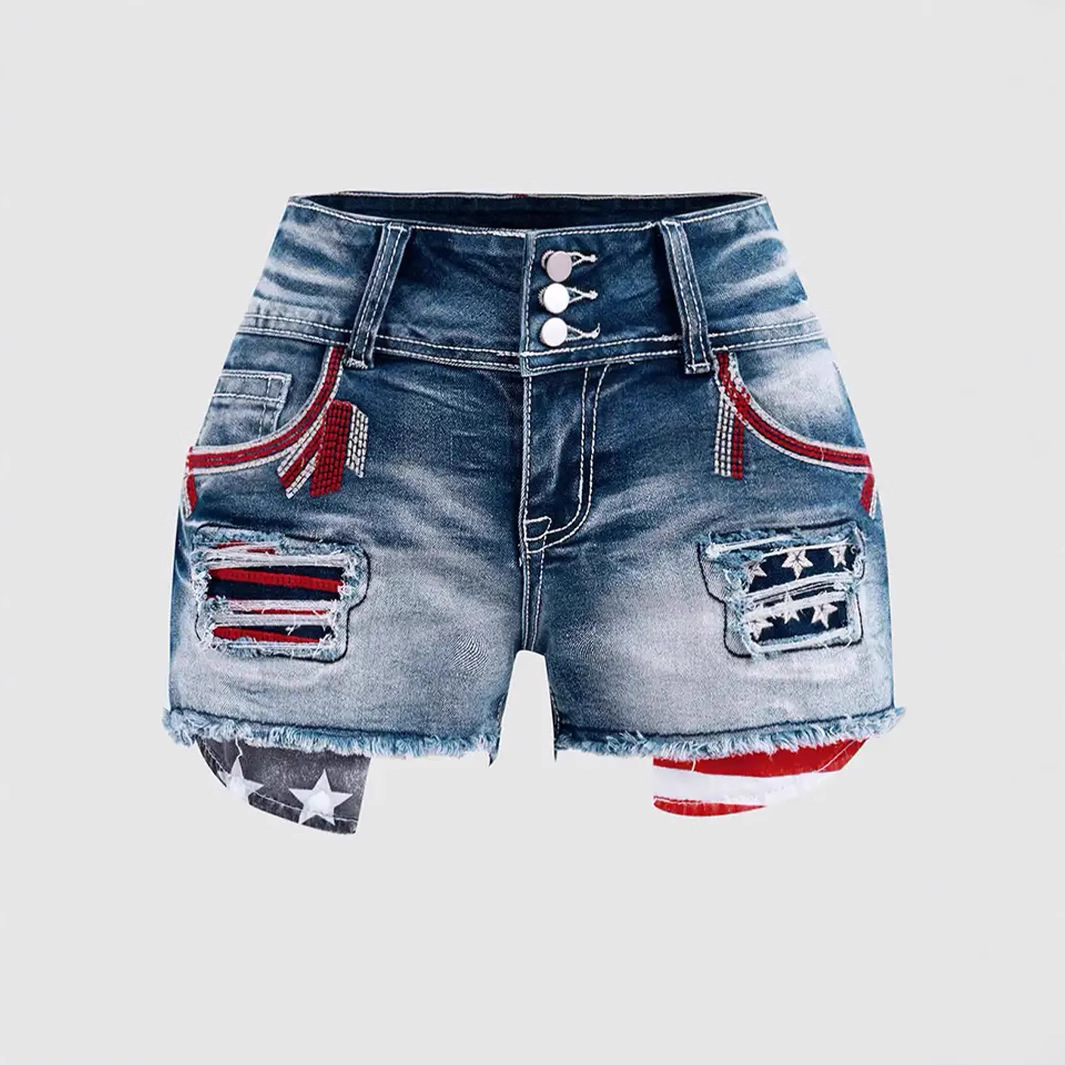 Women's Ripped Denim Shorts With Embroidered Patch Design_voghion.com