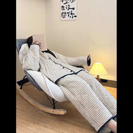 韩系条纹夹棉睡衣女秋冬季新款加绒加厚保暖开衫长裤家居服套装冬