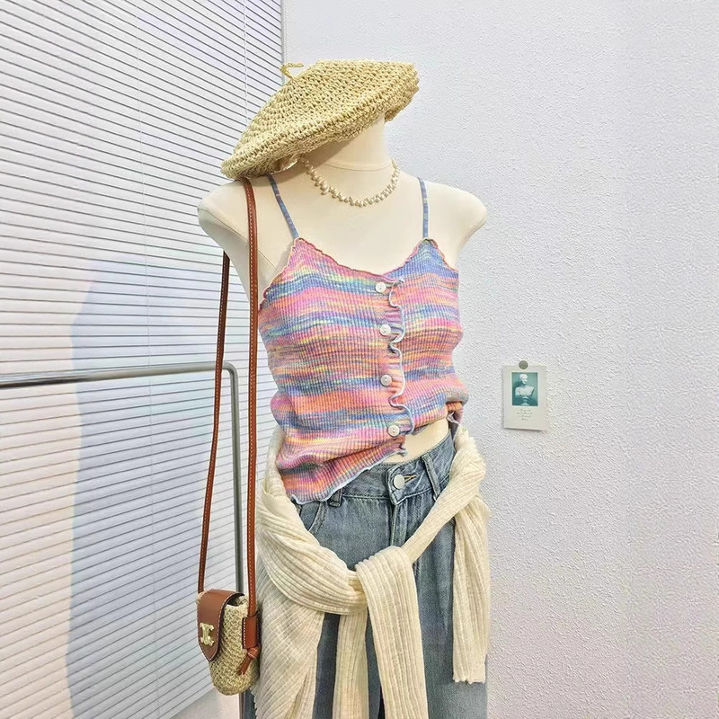 Dopamine Outfit Sweet and Spicy Camisole Women's Inner Layer Knit Top Tube Top Rainbow Striped Vest Outerwear Summer