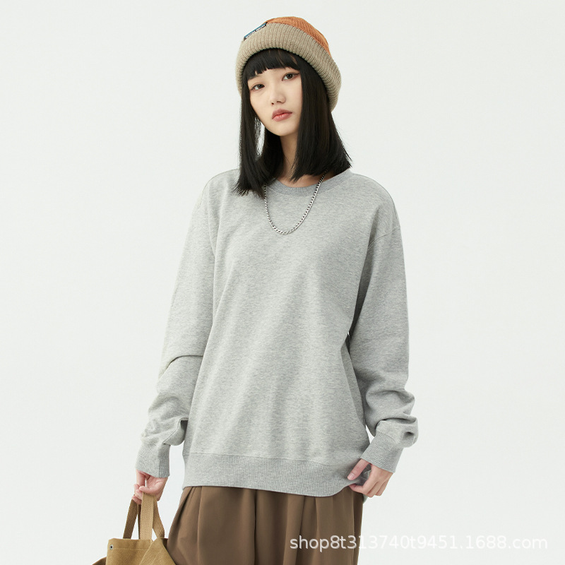 Chaqueta de manga larga con cuello redondo de rizo para otoño e invierno, de algodón puro, sin formación de bolitas, con hombros caídos, camisa publicitaria, ropa de trabajo, sudadera con impresión de logotipo personalizado.