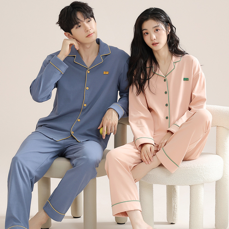 항균 통기성 순면 커플 잠옷 봄과 가을 긴 소매 바지 가디건 옷깃 플러스 사이즈 세트 남성 및 여성 홈 옷