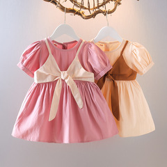 女童泡泡袖公主裙2022夏裝新款寶寶假兩件網紅連衣裙兒童洋氣裙子