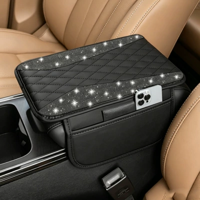 Center Console Cover, Leather Protective | Armrest box pad - black-angel-wings-rhinestones