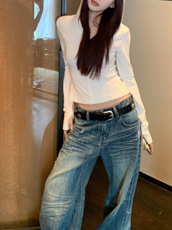 SUNONEON 水洗宽松磨破低腰牛仔裤女早秋季美式复古直筒休闲裤子|undefined