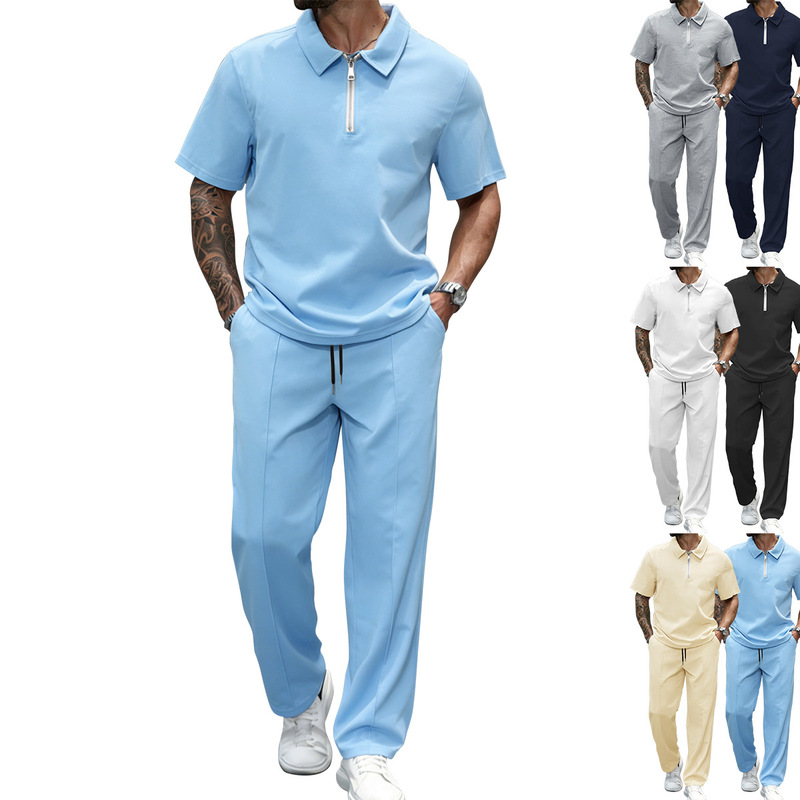 2026 Summer Cross-Border Men's Casual Sports Suit with Lapel Zipper Short-Sleeve Long Pants Casual Fashion Polo Shirt