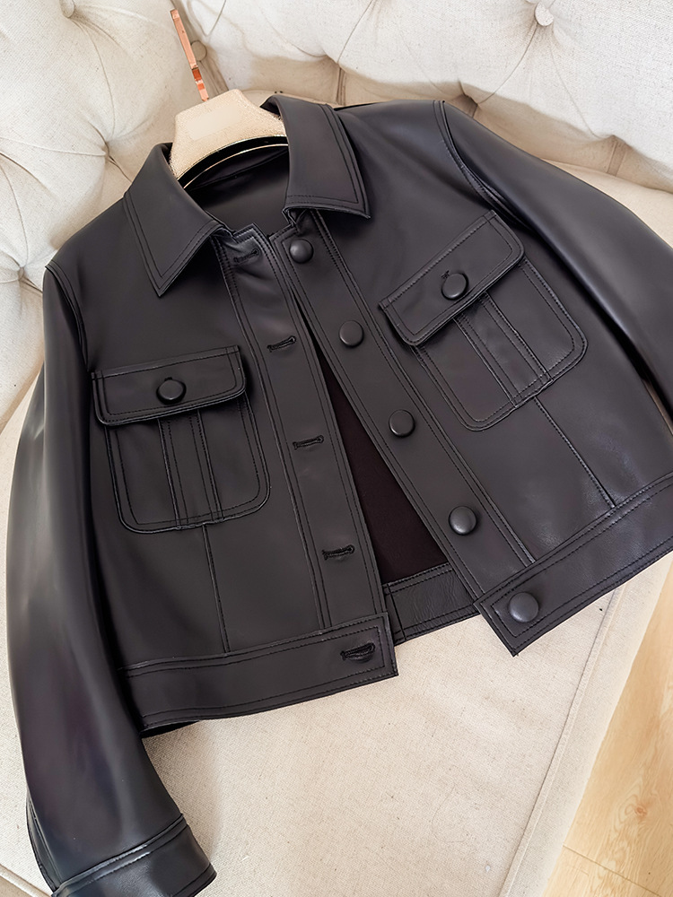 Trendy 2025 Autumn and Winter New Sheepskin Pocket Casual Genuine Leather Jacket for Women with a Turn-Down Collar and Long Sleeves, Short Style