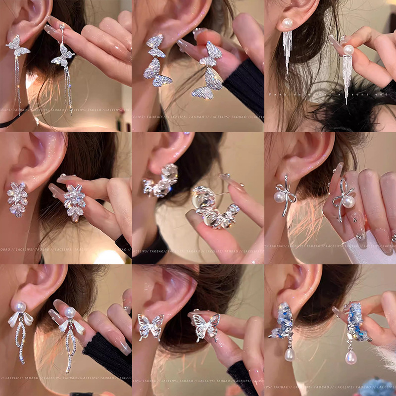 Pendientes de lazo de circonita con microincrustaciones de estilo caliente coreano 2025 Pendientes de perlas de sentido avanzado de aguja de plata S925 para mujer