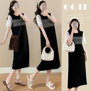 Maternity 2025 Summer Knitted Stitching Lace dress Loose Midi Breastfeeding Pregnant Women's Dress