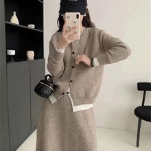 假两件针织毛衣套装女秋冬新款韩版宽松圆领开衫半身裙两件套