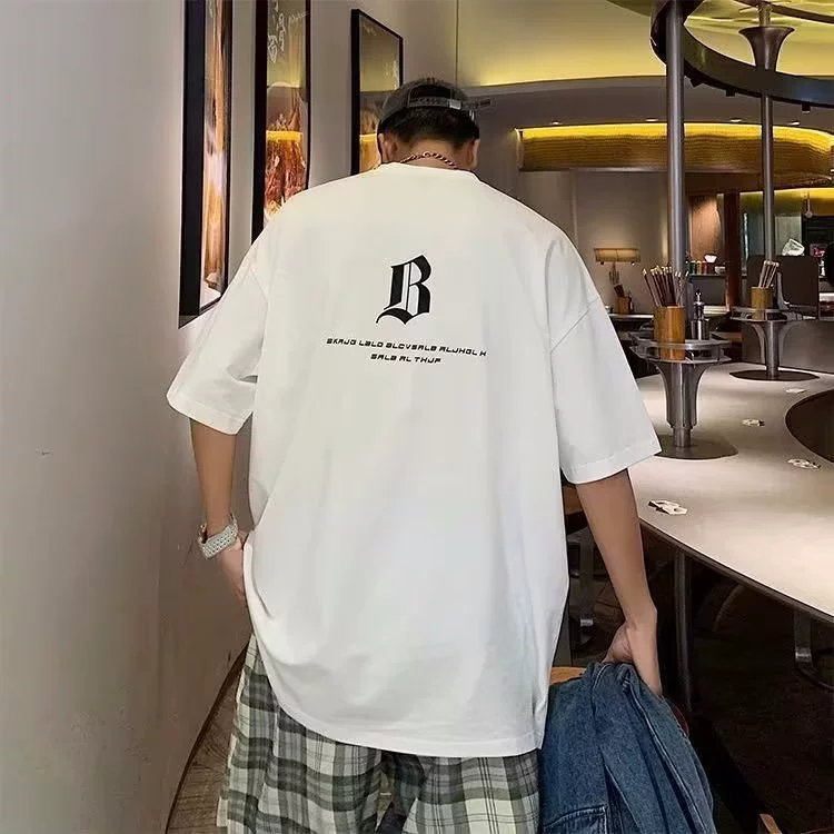 Американская футболка с коротким рукавом, летняя мужская Свободная футболка из чистого хлопка, популярная брендовая мужская футболка с коротким рукавом в Instagram, простой белый топ