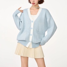 美式秋冬小香风蓝色v领针织开衫女秋冬季慵懒毛衣外套上衣中长款