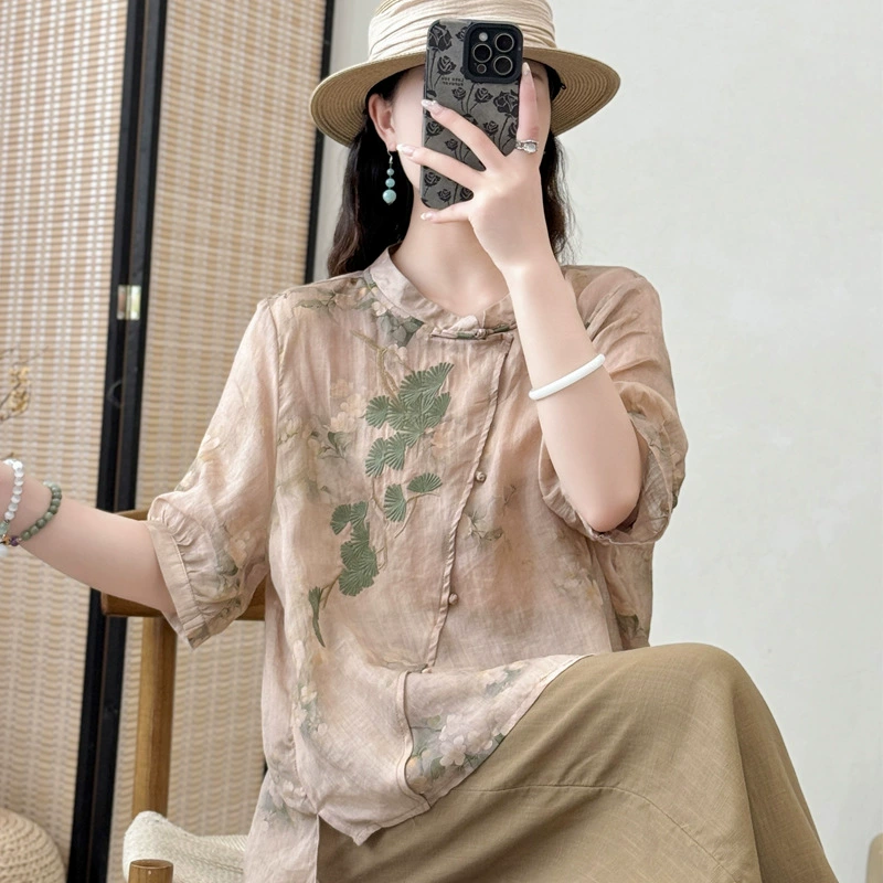 Ретро новый национальный стиль наклонная планка Рами рубашка женская летняя новая художественная печать тонкая рубашка темпераментный топ