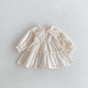 Girls Dress 2024 Autumn Korean Style Baby Girl Lapel Lace Fashionable Children's Long Sleeve Princess Dress