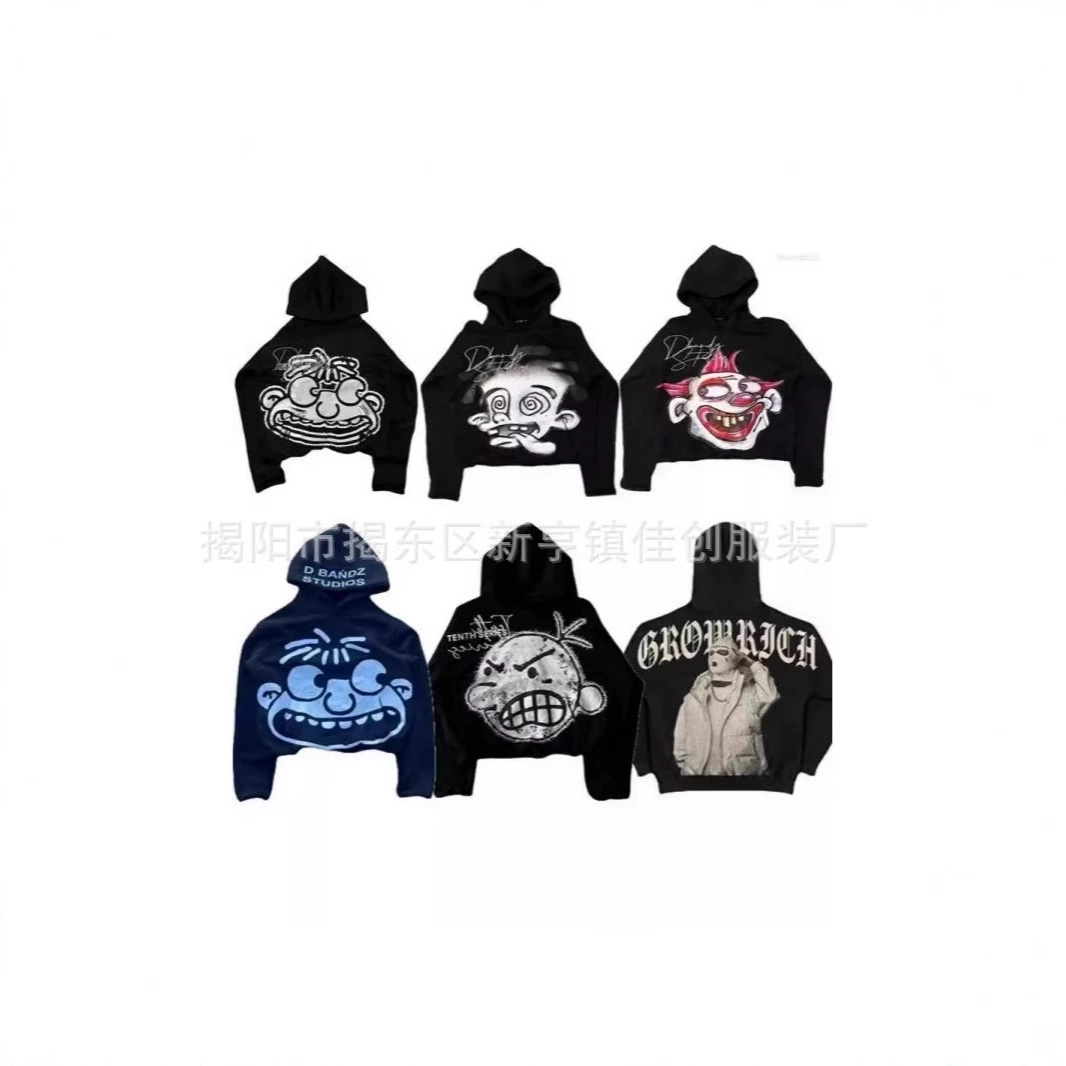 Трансграничная фабрика прямых продаж американский ретро стирка с длинными рукавами рубашка с капюшоном модная принт свободный повседневный дикий свитер