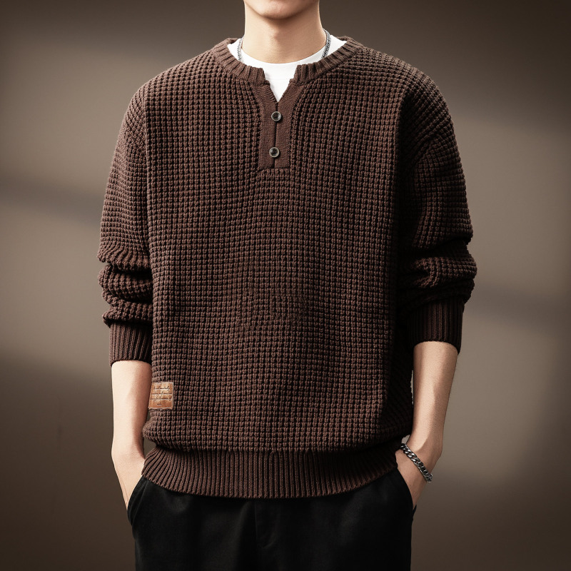High-End American Retro Heavyweight Henley Collar Knitwear Men's Autumn and Winter Thickeneded Tough Guy Knitwear Casual Knitwear Jacket