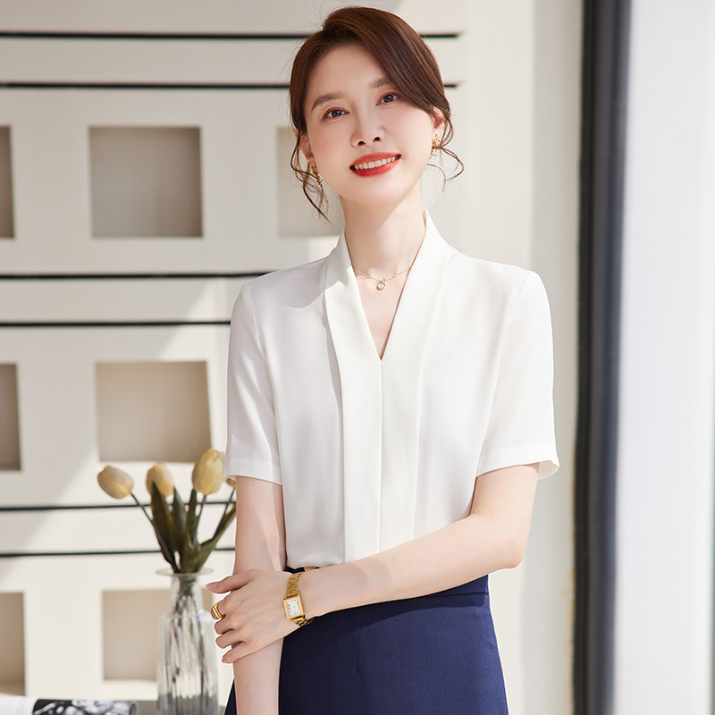 시폰 셔츠 여성 반팔 패션 올 매치 V 넥 디자인 센스 여름 직장 얇은 흰색 셔츠 톱 작업 옷