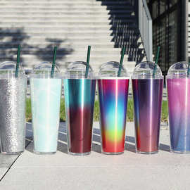 时尚新款插片款拱盖冰淇淋杯700ml炫彩直身吸管杯ps材质工厂直发