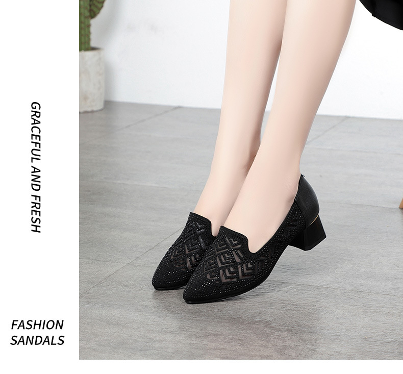 Sandal nữ quai chữ V gót thấp da thật lưới thoáng khí — màu đen chi tiết 8