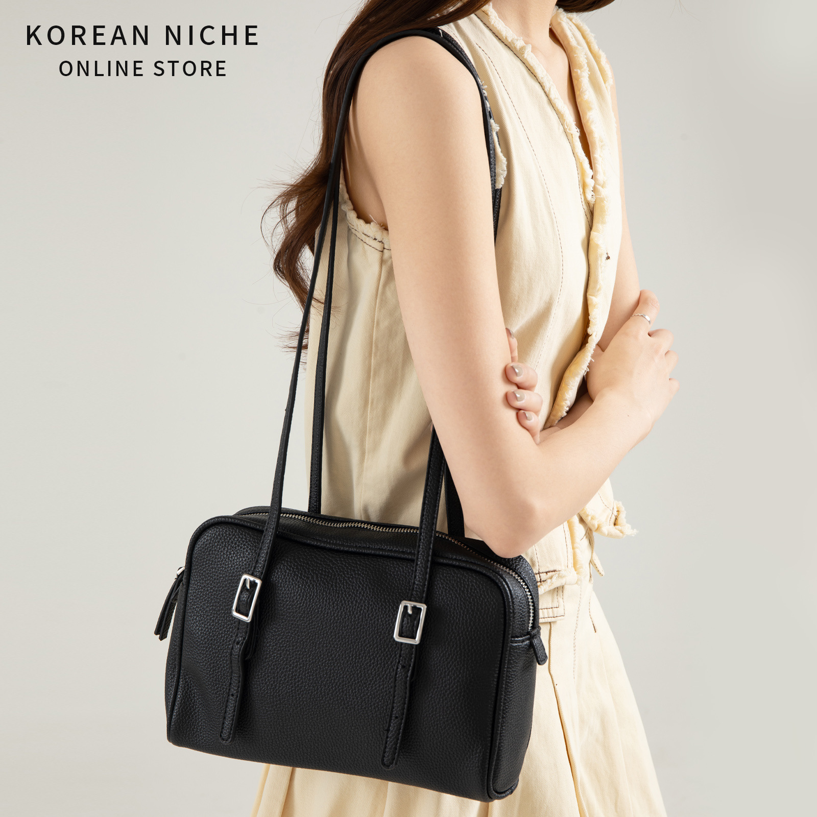 Korean Style Niche Design Lychee Grain Underarm Bowling Bag For Women, Large Capacity Retro Versatile Handbag & Shoulder Bag - Thumbnail 4