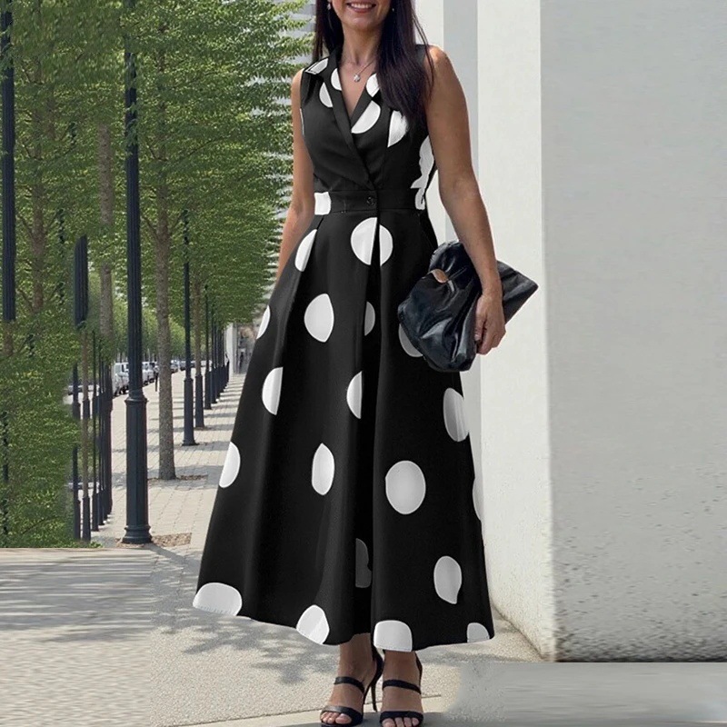 Summer Office Women's Sundress Elegant Polka Dot Maxi Dress Sleeveless Party Fashion Dress_ecoleips.com