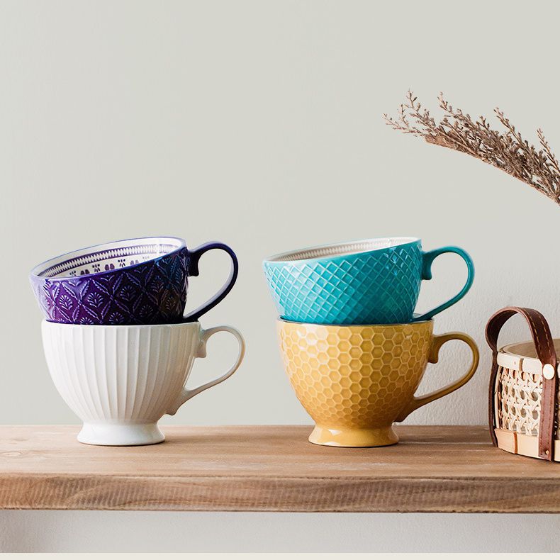 Taza de desayuno de cerámica en relieve, taza de nicho, taza de café de gran capacidad, taza de avena, taza de agua doméstica