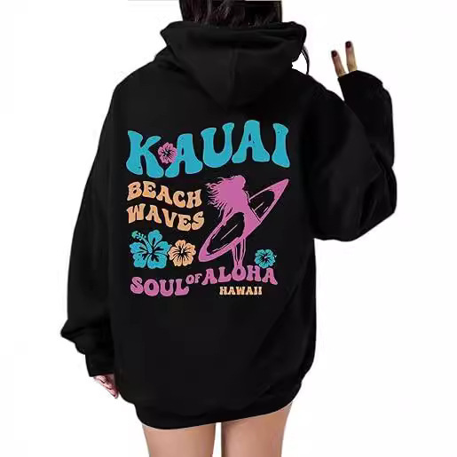 Women's Drop Shoulder Sleeve Ribbed Bluecagand Kauai Ocean Beach Hoodie Printed_voghion.com