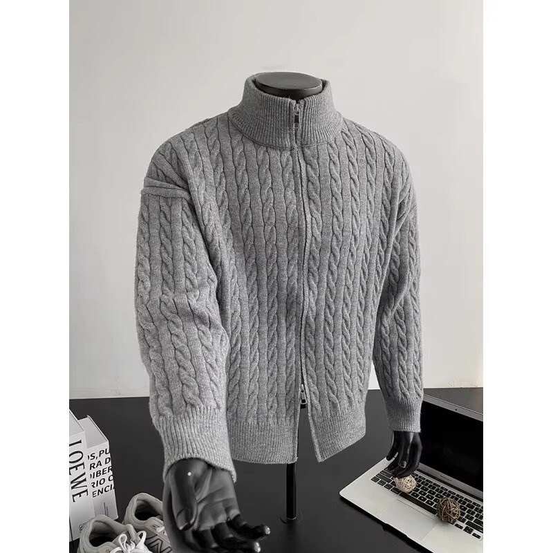 Korean Style Trendy Gray Stand-Up Collar Knitted Cardigan for Men, Winter High-End Cable Knit Embossed Double Zipper Sweater Jacket Korean Style Trendy Gray Stand-Up Collar Knitted Cardigan for Men, Winter High-End Cable Knit Embossed Double Zipper Sweater Jacket