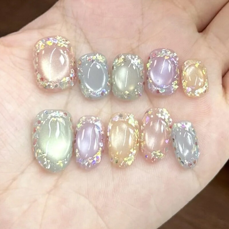 Cat's Eye Colored Gemstone Short Wearable Nails Niche Ins Cute French Nail Art Patches Girly Korean Style Dazzling