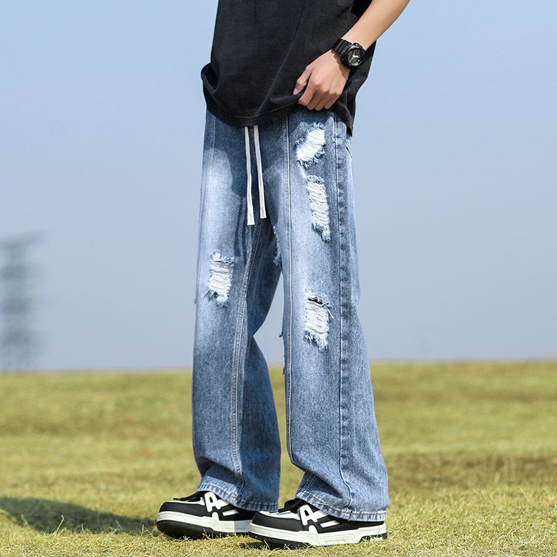 Ripped Jeans Men's Trendy American Style New Men's Casual Straight Trousers Summer Thin Men's Loose Trousers