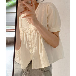 French White Collar Puff Sleeve Short-Sleeved Shirt for Women Summer Gentle Style Sweet Babydoll Shirt Chic Skirt Top Thin