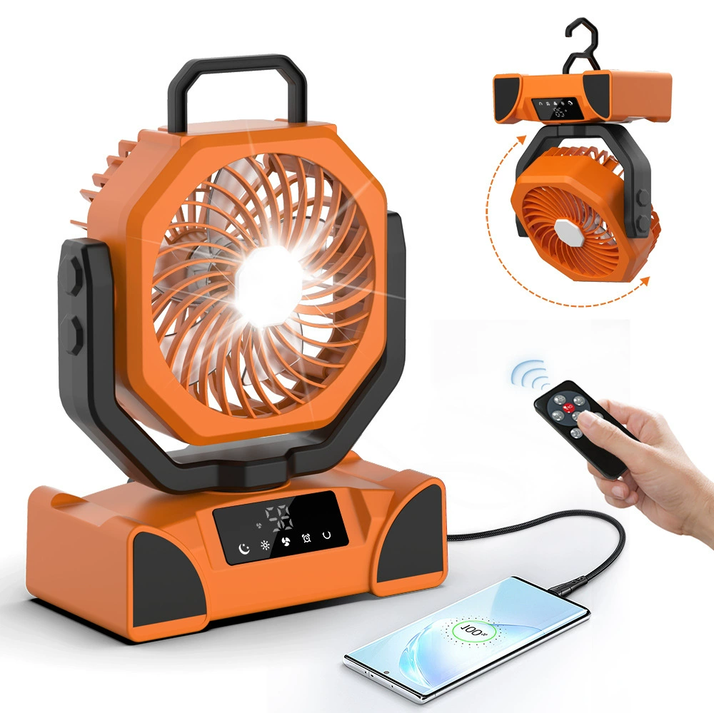 2025 Новый походный вентилятор с качающейся головкой, портативный, с зарядкой, освещением, многофункциональный для рыбалки, с длительным сроком службы батареи