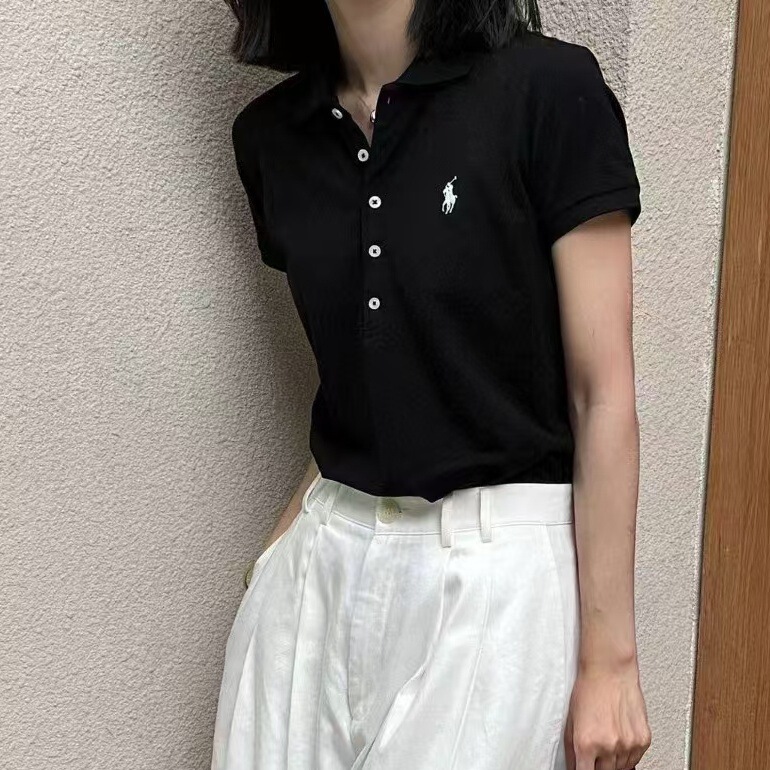 高品質 rl ラフポニー刺繍ラペル 5 ボタン半袖ポロシャツ女性の tシャツカジュアルスポーツコットントップ|undefined