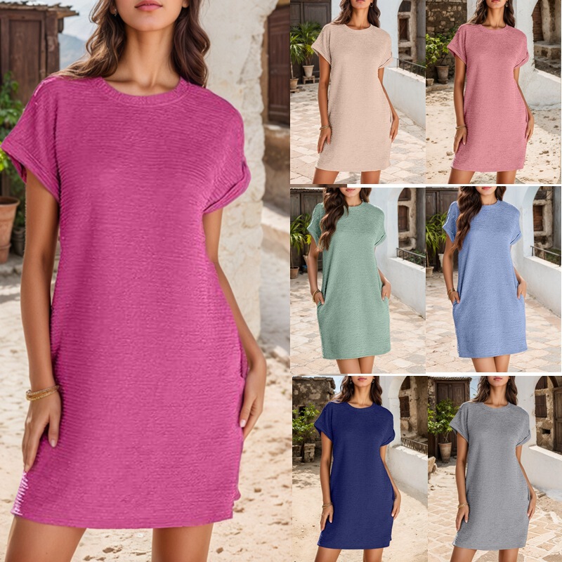 2025 Spring/Summer European and American Cross-Border Fashion Popular Round Neck Cuffed Solid Color Short Sleeve Pocket Dress