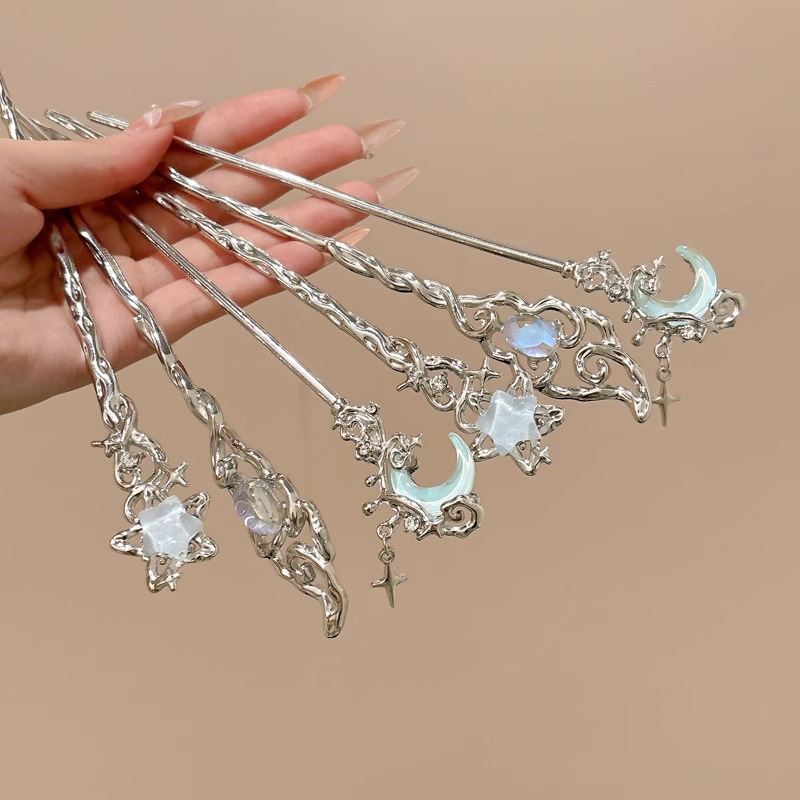 Nuevo estilo chino luna piedra estrella pinzas de cabello para mujeres 2025 nuevo metal líquido pinzas de cabello antiguo tocado de alta calidad