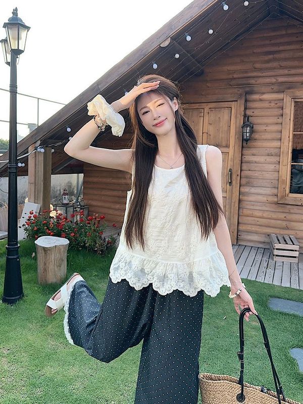 甜美蕾丝刺绣花边吊带上衣波点阔腿长裤女2025夏季新款时尚套装潮|undefined