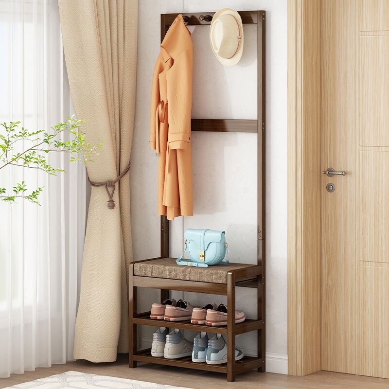 Simple Modern Floor-Standing Coat Rack Solid Wood Multi-Functional Clothes Hanger Home Rental Room Foyer Shoe Changing Stool Shoe Cabinet Integrated