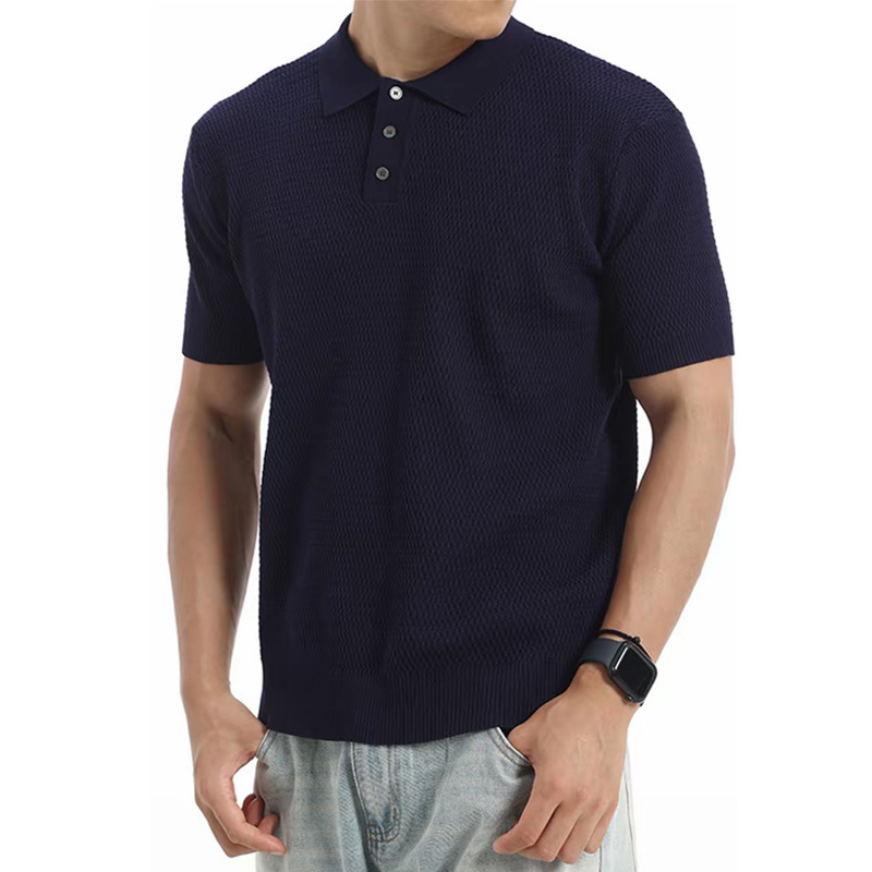 Polo camiseta de punto camiseta de manga corta hombre solapa textural de color sólido vieja camiseta de viento de hielo de seda de verano fábrica transfronteriza mayorista