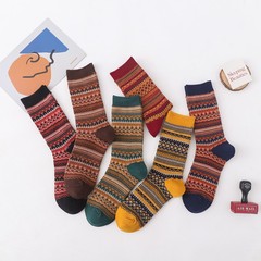 Women's crew socks, double-needle double-track, retro penguin pattern, long socks, ethnic style, plush socks, striped socks