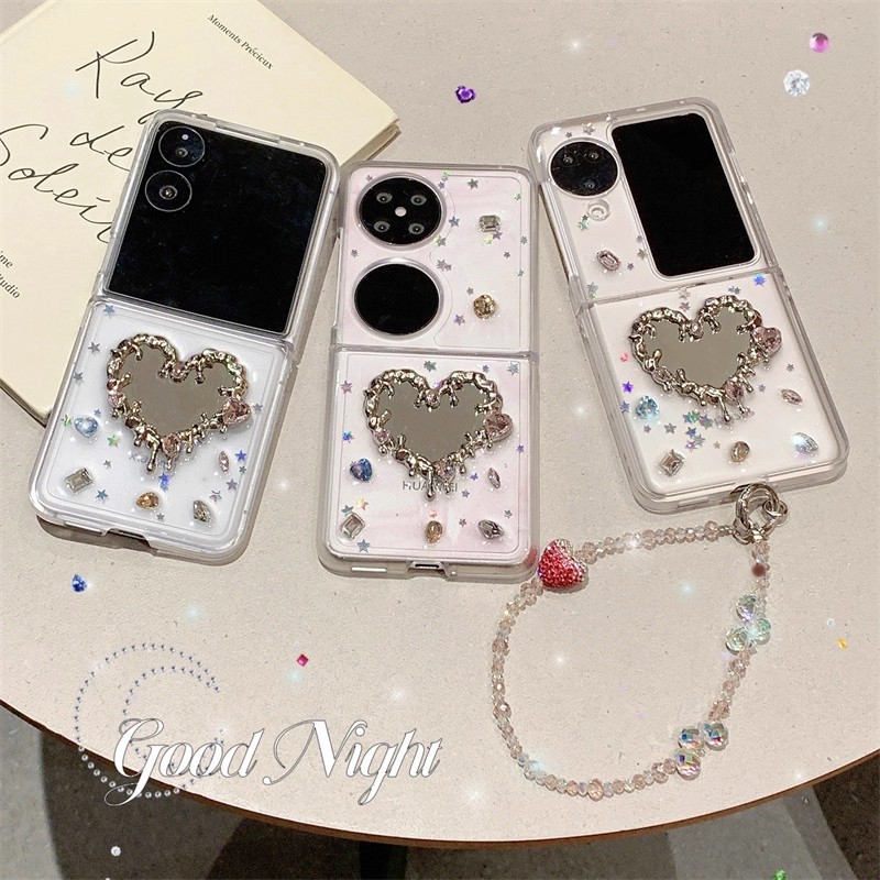 Sparkling Diamond Heart Mirror Suitable for Samsung Zflip6 Huawei Purax Foldableing Screen Mobile Phone Oppo Xiaomi Mixflip
