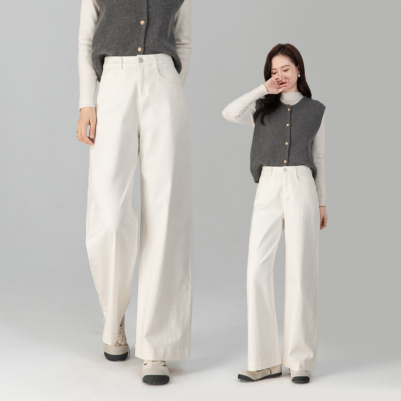 Three-Proof White High-Stretch Jeans for Women, Slim Fit, Lazy Style, Wide-Leg Pants, Simple Style, Vintage Denim, Good Fit, Easy to Wash