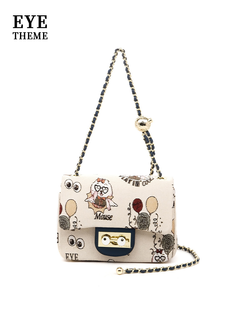 Dibujos animados lindo patrón de tela bordado para mujer bolso de cadena con cierre de solapa bolso cuadrado pequeño casual para mujer lona 2708 #
