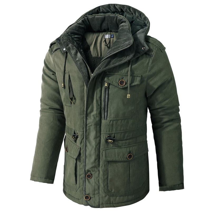 American Size Men's Plus Size Lambskin Hooded Cotton Jacket Thickened Multi-Pocket Cotton Top Casual Mid-length Jacket American Size Men's Plus Size Lambskin Hooded Cotton Jacket Thickened Multi-Pocket Cotton Top Casual Mid-length Jacket
